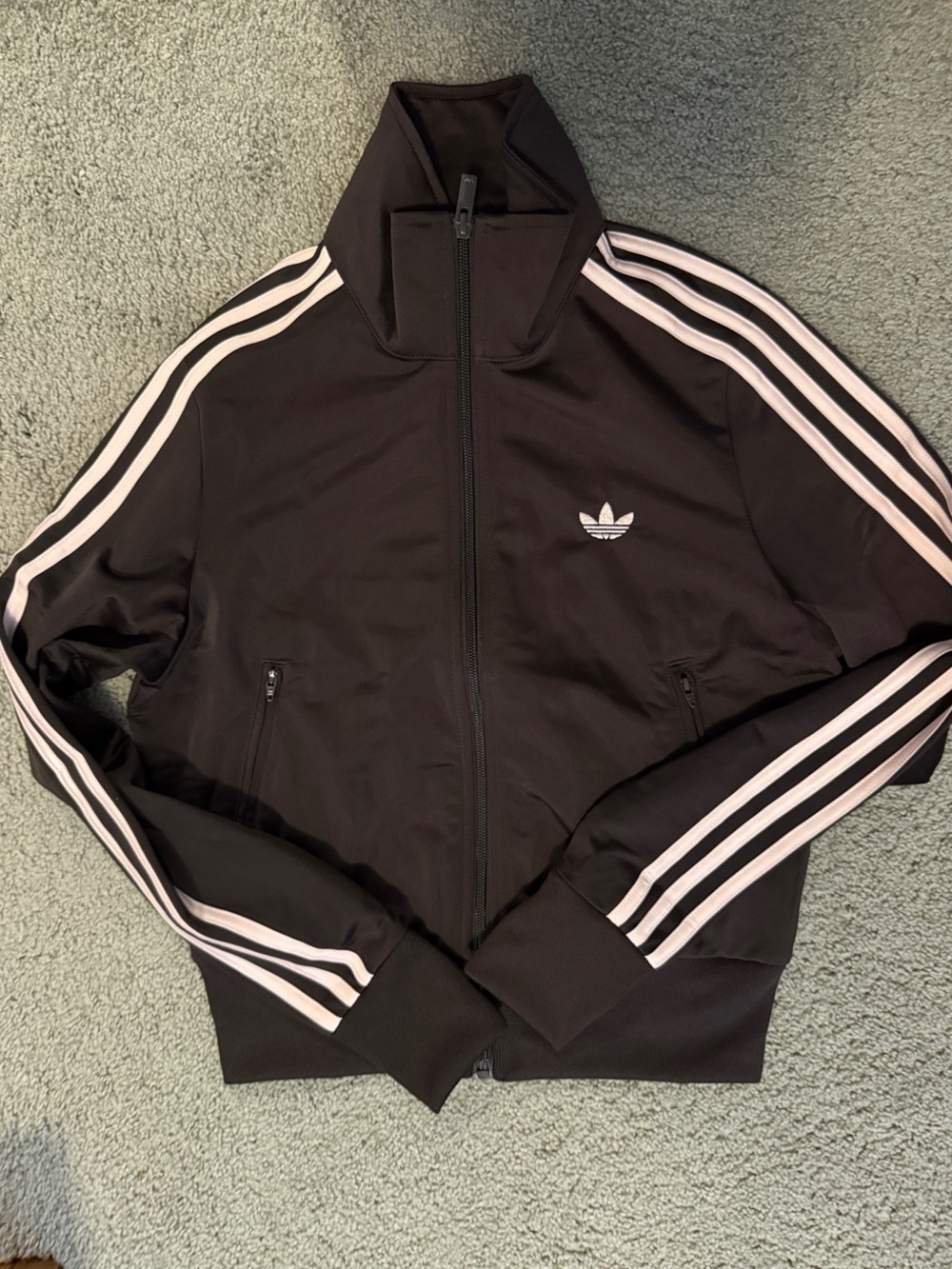 NWOT Adidas Brown Track Jacket with Pale Pink Stripes